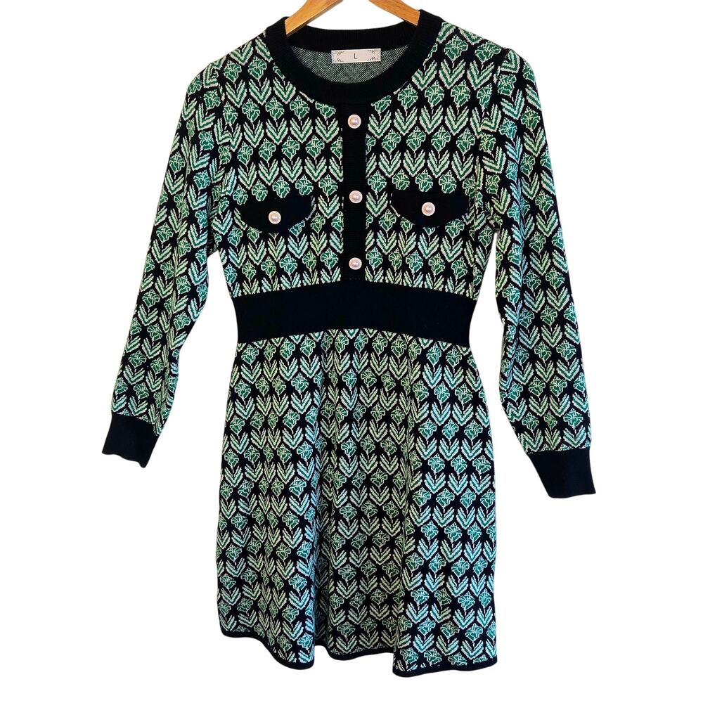 Size L – 60s Revival Green Floral Knit Pearl Button Dress